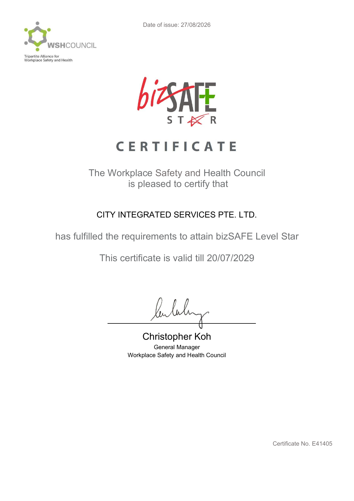 bizSAFE Star certificate for City Integrated Services Pte. Ltd., valid to 20 July 2029