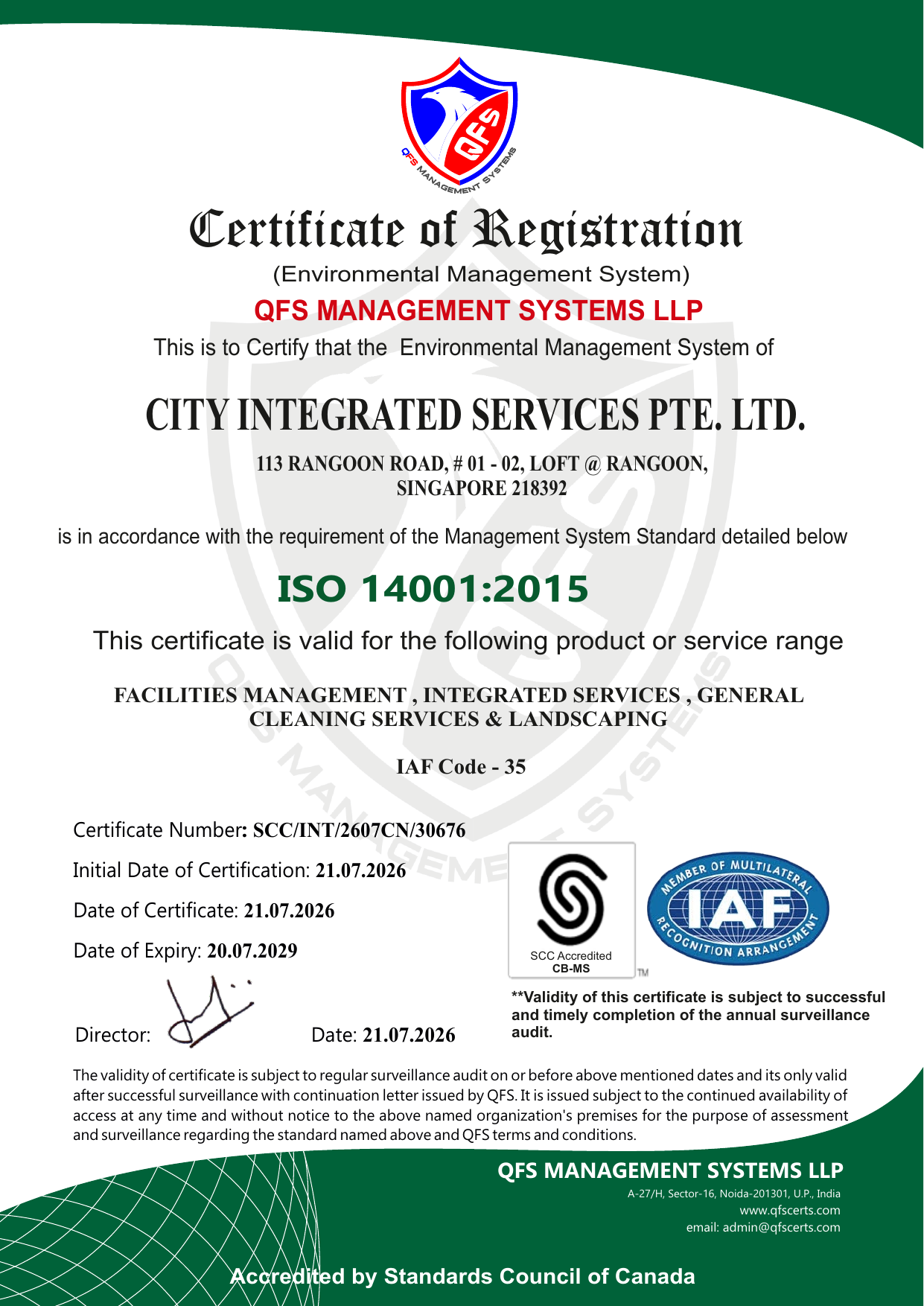ISO 14001:2015 certificate for City Integrated Services Pte. Ltd., valid to 20 July 2029