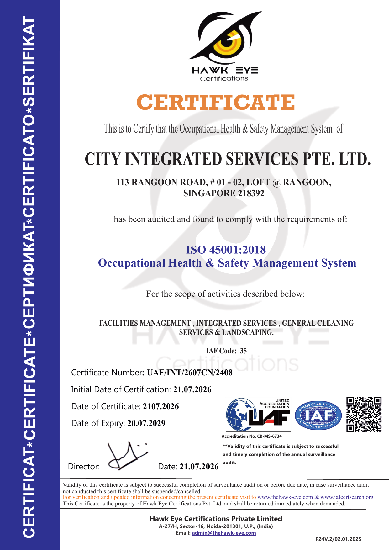 ISO 45001:2018 certificate for City Integrated Services Pte. Ltd., valid to 20 July 2029