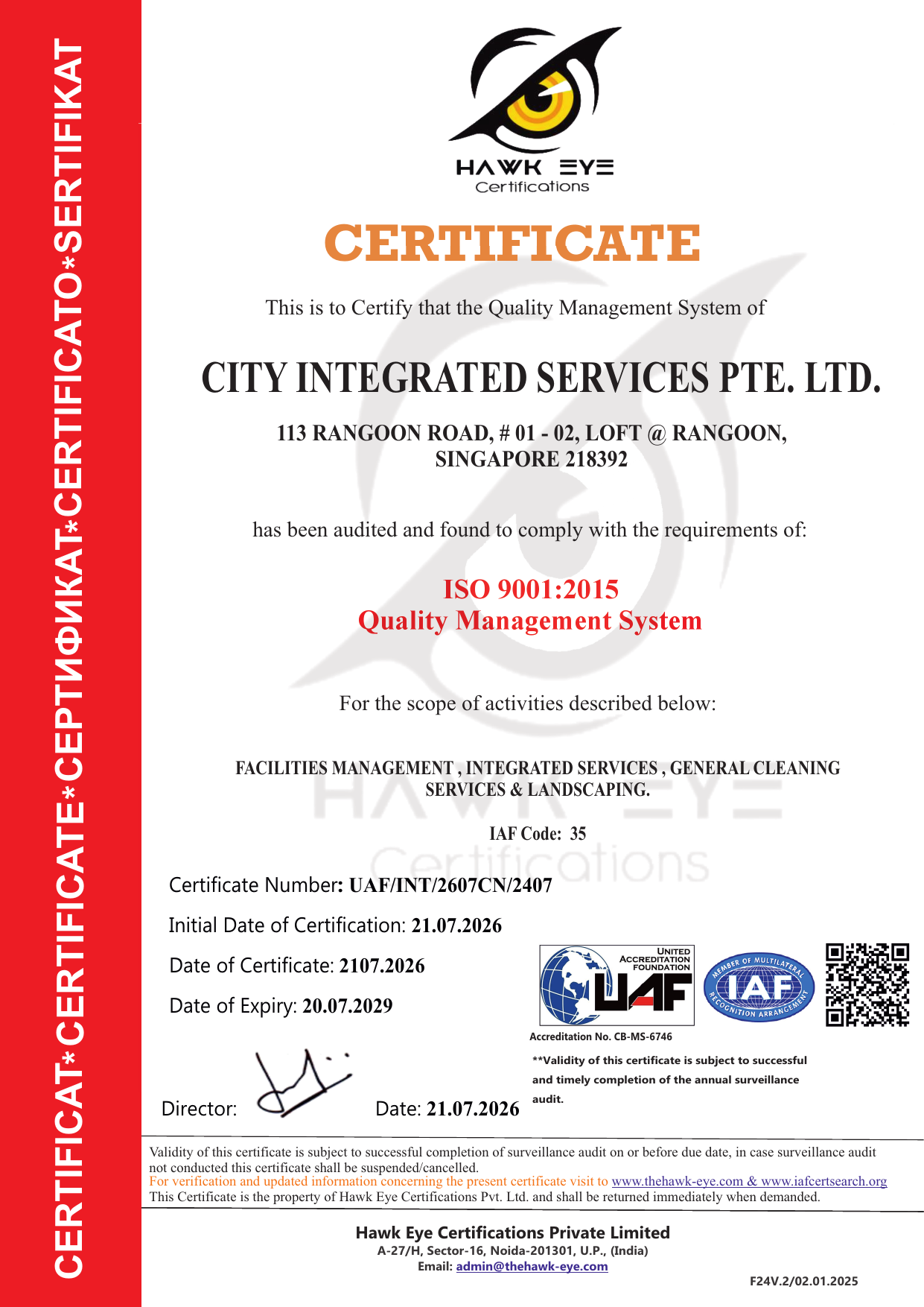 ISO 9001:2015 certificate for City Integrated Services Pte. Ltd., valid to 20 July 2029