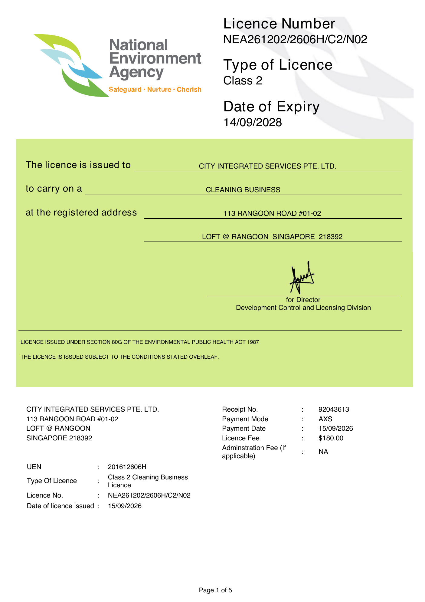 NEA Class 2 Cleaning Business Licence for City Integrated Services Pte. Ltd., valid to 14 September 2028